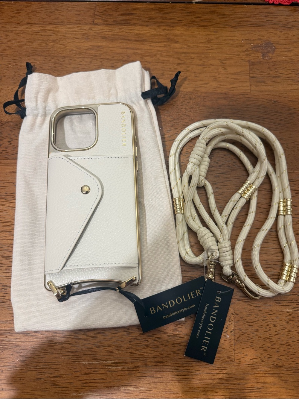 Bandolier White Leather Crossbody Wallet Case with Gold Accents